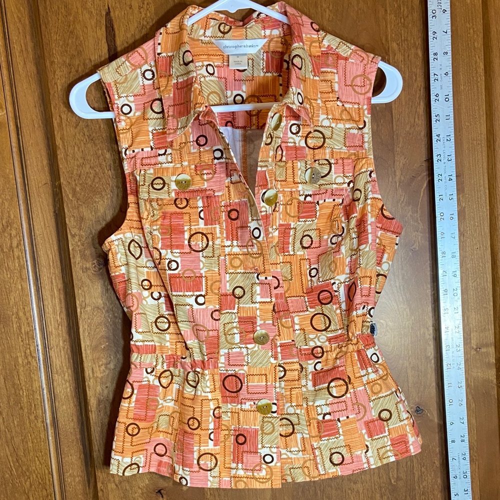 Christopher & Banks Orange Geometric Sleeveless Vest, Size M